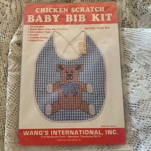 VINTAGE CHICKEN SCRATCH BABY BIB KIT NEEDLE WORK 1983 BLU/WHITE TEDDY BEAR NWOTS